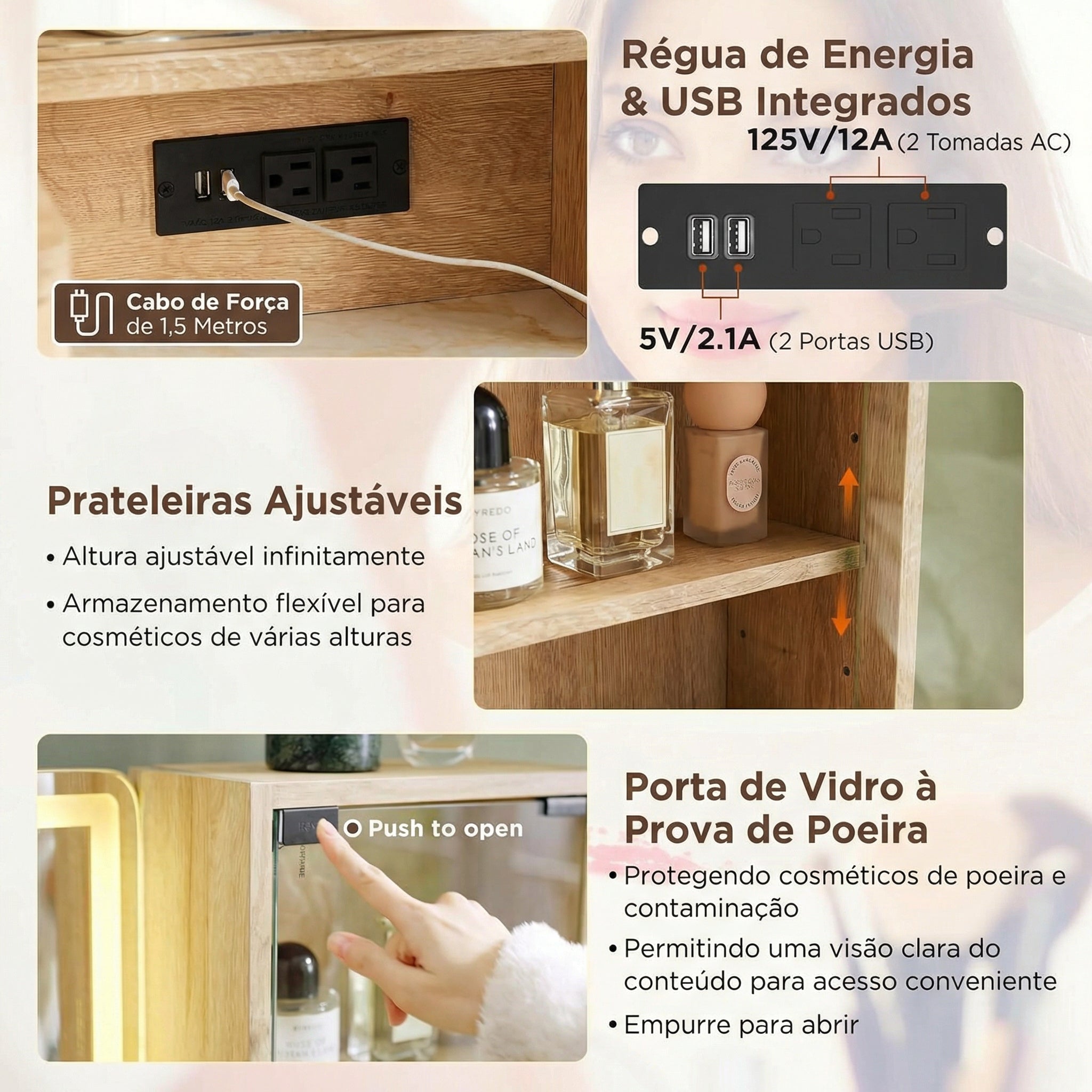 Penteadeira com Tampo Canelado e Espelho com LED